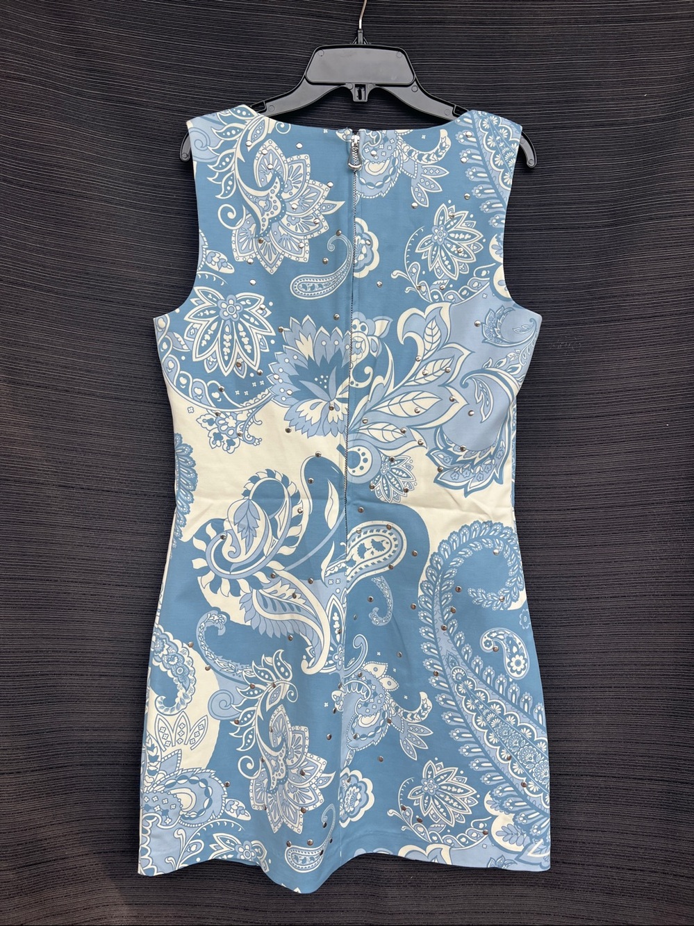 Camila Coelho mini patterned studded dress blue white silver size 8 - Picture 4 of 13